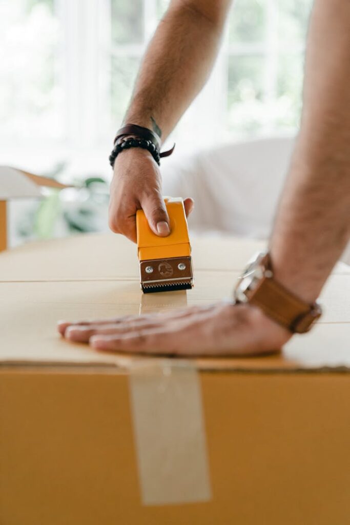 Side view of crop anonymous man packing cardboard box using scotch tape dispenser while preparing personal items for moving to new apartment